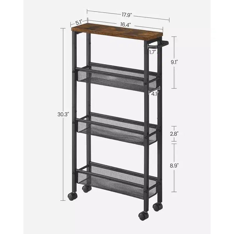 Carrello portaoggetti sottile a 4 ripiani con manico e rotelle girevoli