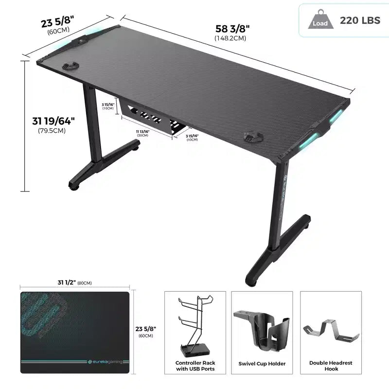 Scrivania da gioco a L con accessori integrati – 58,27"P x 23,62"L x 31,22"A, nera
