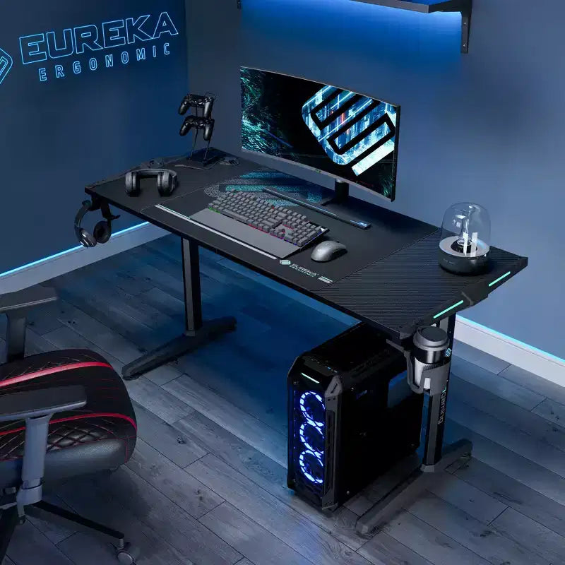 Scrivania da gioco a L con accessori integrati – 58,27"P x 23,62"L x 31,22"A, nera