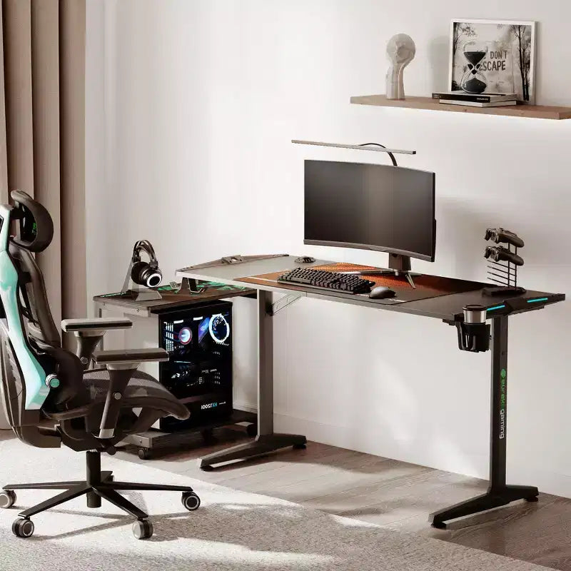 Scrivania da gioco a L con accessori integrati – 58,27"P x 23,62"L x 31,22"A, nera