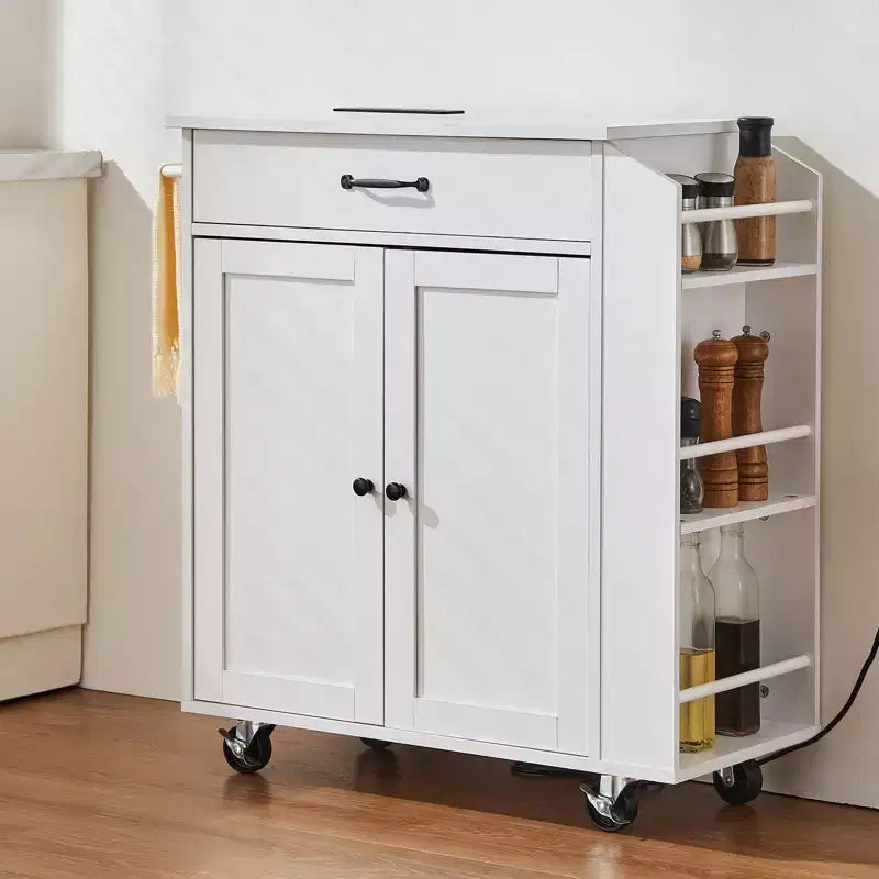 Carrello da Cucina Mobile da 32 Pollici con Ante, Presa di Corrente, Porta Spezie e Porta Asciugamani