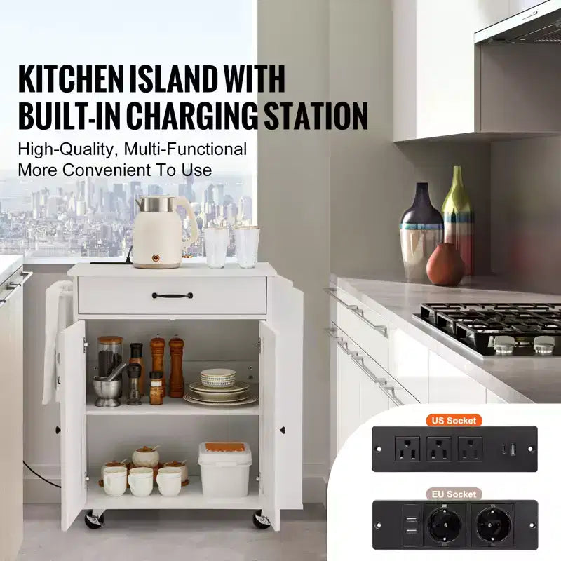Carrello da Cucina Mobile da 32 Pollici con Ante, Presa di Corrente, Porta Spezie e Porta Asciugamani
