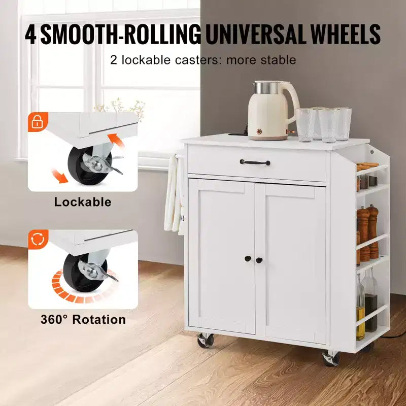 Carrello da Cucina Mobile da 32 Pollici con Ante, Presa di Corrente, Porta Spezie e Porta Asciugamani
