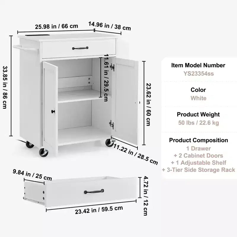 Carrello da Cucina Mobile da 32 Pollici con Ante, Presa di Corrente, Porta Spezie e Porta Asciugamani