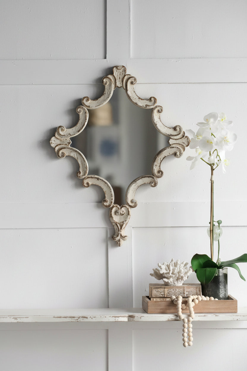 30 x 23.5 Inch Decorative White Wall Mirror with Scrollwork Design