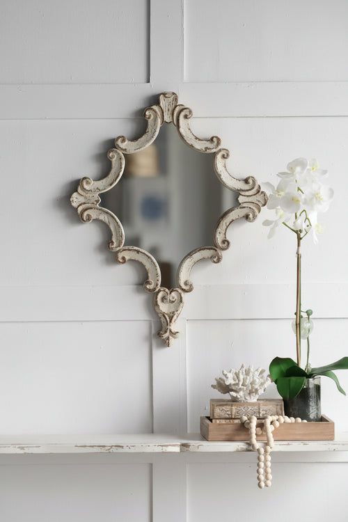 30 x 23.5 Inch Decorative White Wall Mirror with Scrollwork Design