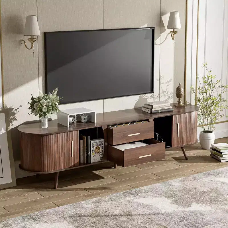 Mobile TV moderno di metà secolo da 70,8 pollici con 2 cassetti e presa multipla integrata, adatto a TV fino a 80 pollici