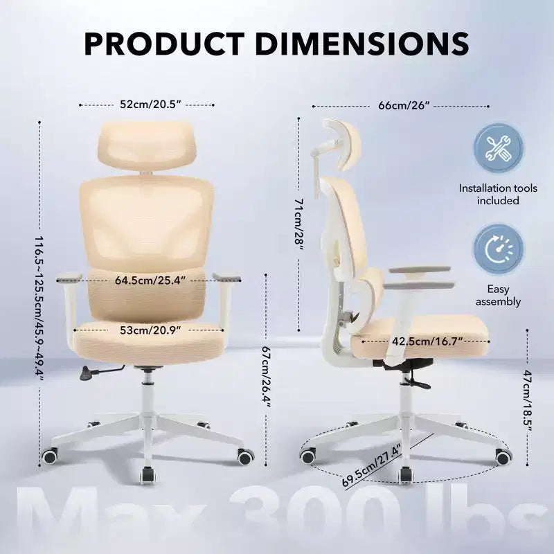 Sedia da ufficio ergonomica con schienale alto, rete traspirante, supporto lombare regolabile e braccioli 3D
