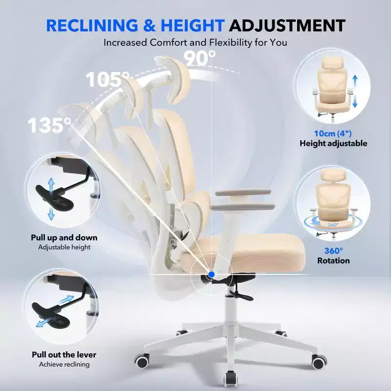 Sedia da ufficio ergonomica con schienale alto, rete traspirante, supporto lombare regolabile e braccioli 3D