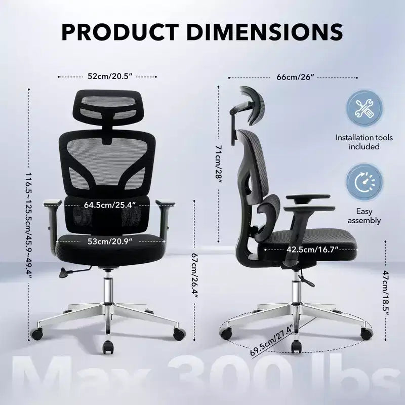 Sedia da ufficio ergonomica con schienale alto, rete traspirante, supporto lombare regolabile e braccioli 3D