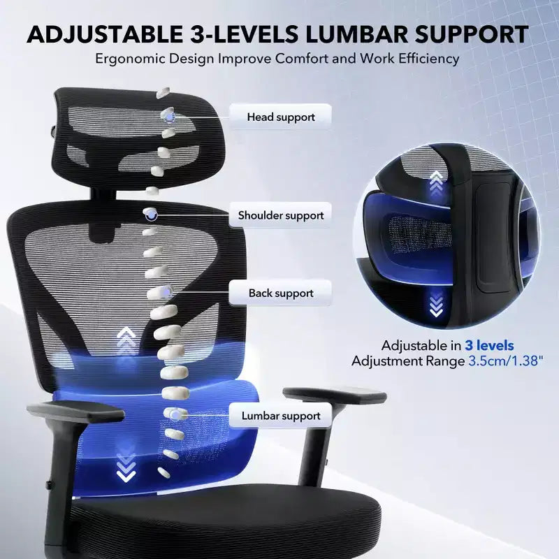 Sedia da ufficio ergonomica con schienale alto, rete traspirante, supporto lombare regolabile e braccioli 3D