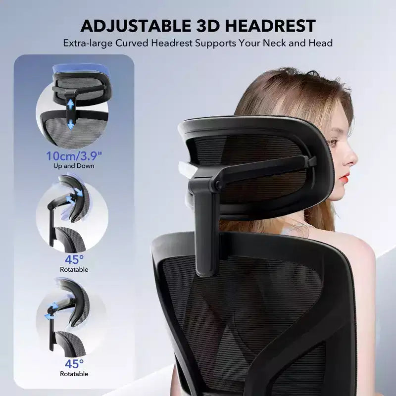 Sedia da ufficio ergonomica con schienale alto, rete traspirante, supporto lombare regolabile e braccioli 3D