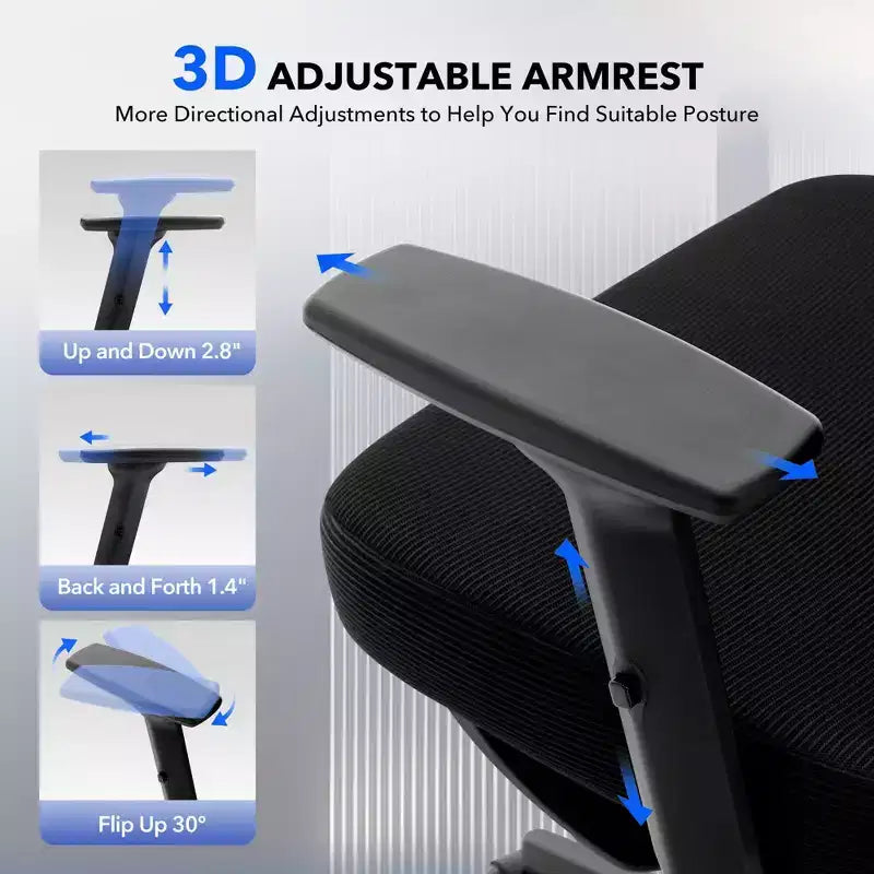 Sedia da ufficio ergonomica con schienale alto, rete traspirante, supporto lombare regolabile e braccioli 3D