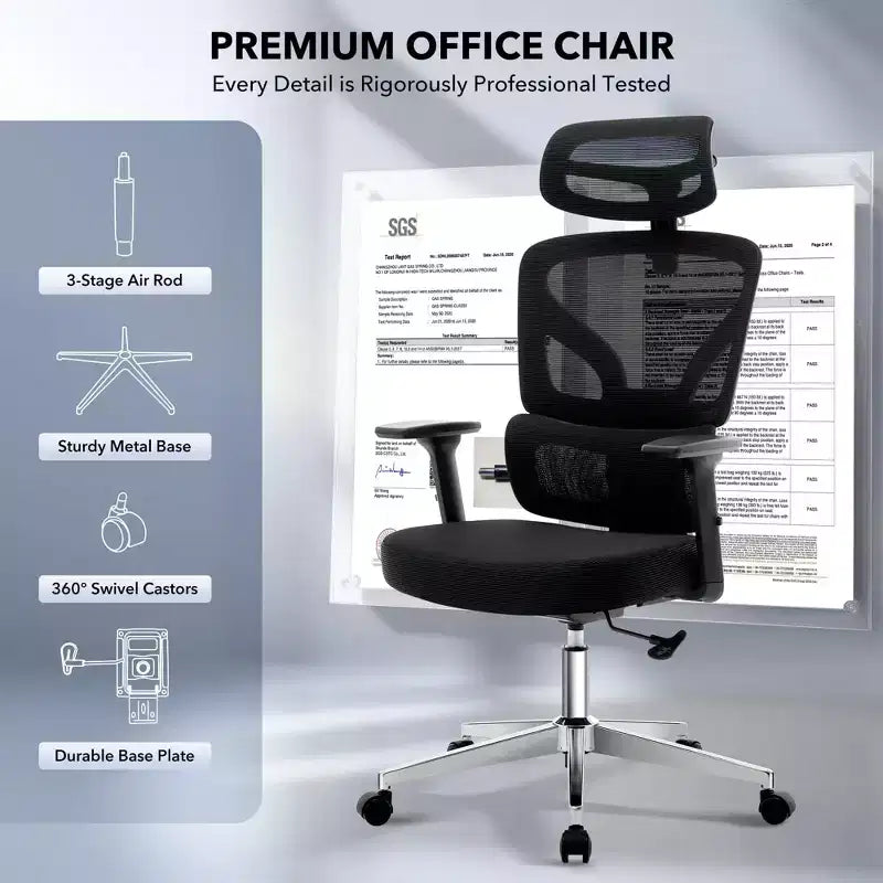 Sedia da ufficio ergonomica con schienale alto, rete traspirante, supporto lombare regolabile e braccioli 3D