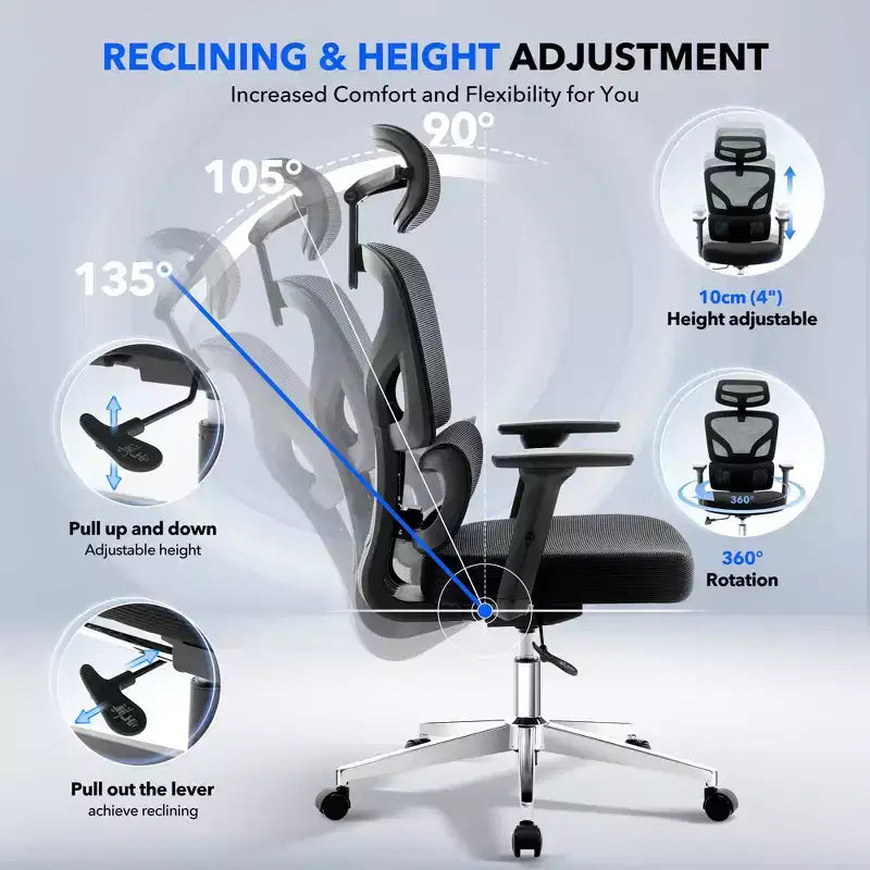 Sedia da ufficio ergonomica con schienale alto, rete traspirante, supporto lombare regolabile e braccioli 3D