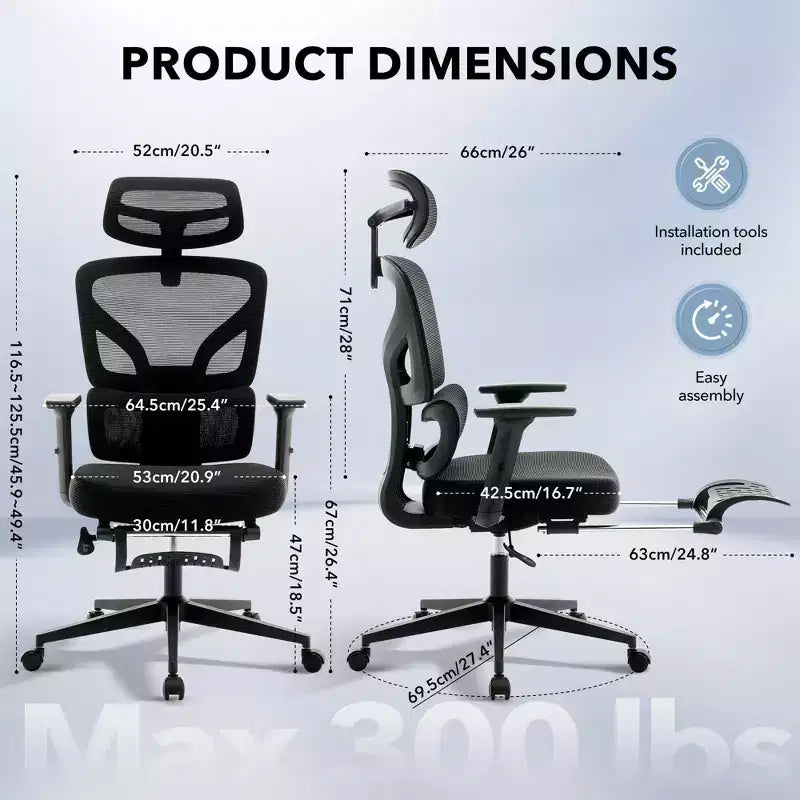 Sedia da ufficio ergonomica con schienale alto, rete traspirante, supporto lombare regolabile e braccioli 3D