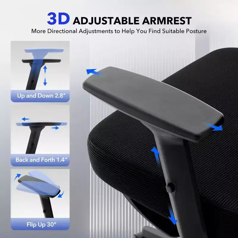 Sedia da ufficio ergonomica con schienale alto, rete traspirante, supporto lombare regolabile e braccioli 3D