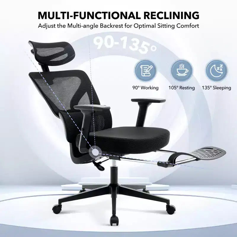 Sedia da ufficio ergonomica con schienale alto, rete traspirante, supporto lombare regolabile e braccioli 3D