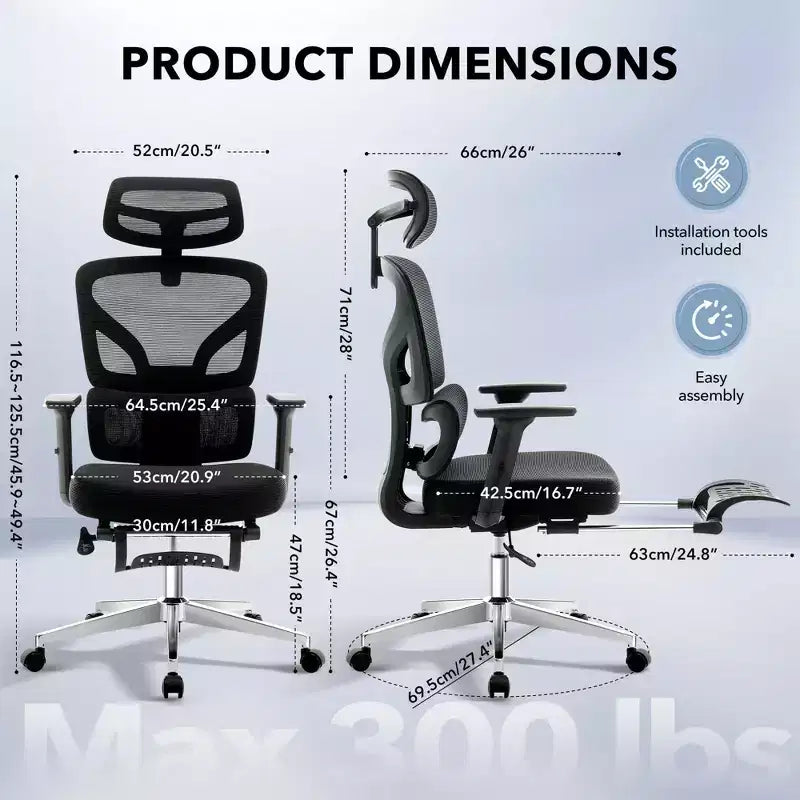 Sedia da ufficio ergonomica con schienale alto, rete traspirante, supporto lombare regolabile e braccioli 3D