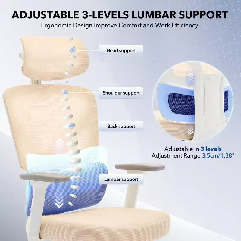 Sedia da ufficio ergonomica con schienale alto, rete traspirante, supporto lombare regolabile e braccioli 3D