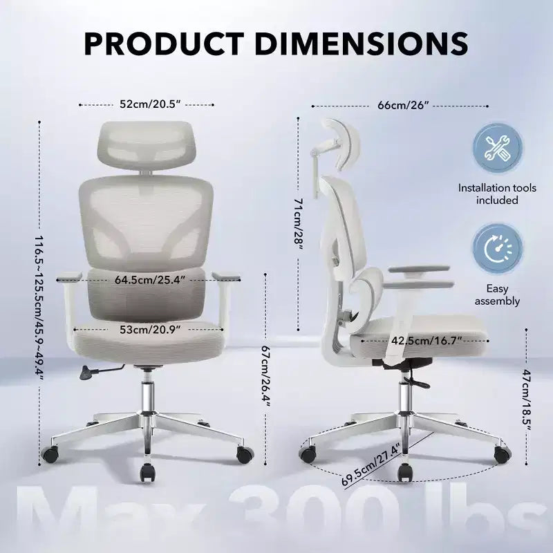 Sedia da ufficio ergonomica con schienale alto, rete traspirante, supporto lombare regolabile e braccioli 3D