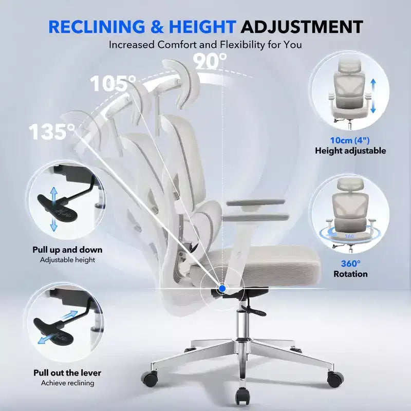 Sedia da ufficio ergonomica con schienale alto, rete traspirante, supporto lombare regolabile e braccioli 3D