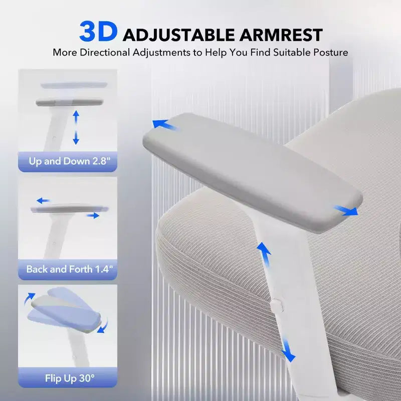Sedia da ufficio ergonomica con schienale alto, rete traspirante, supporto lombare regolabile e braccioli 3D