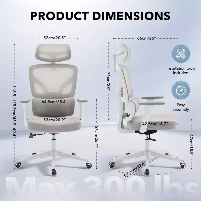 Sedia da ufficio ergonomica con schienale alto, rete traspirante, supporto lombare regolabile e braccioli 3D
