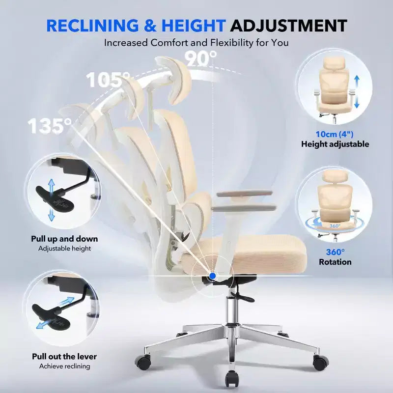 Sedia da ufficio ergonomica con schienale alto, rete traspirante, supporto lombare regolabile e braccioli 3D