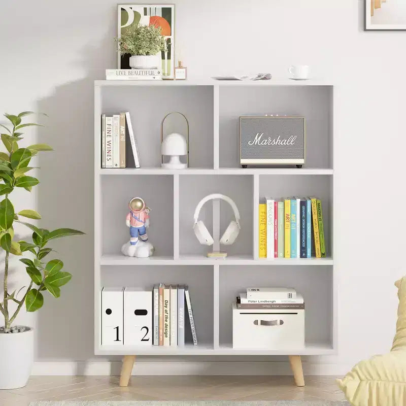 Libreria retrò aperta a 3 ripiani con gambe, 8 scomparti, autoportante per camera da letto o soggiorno