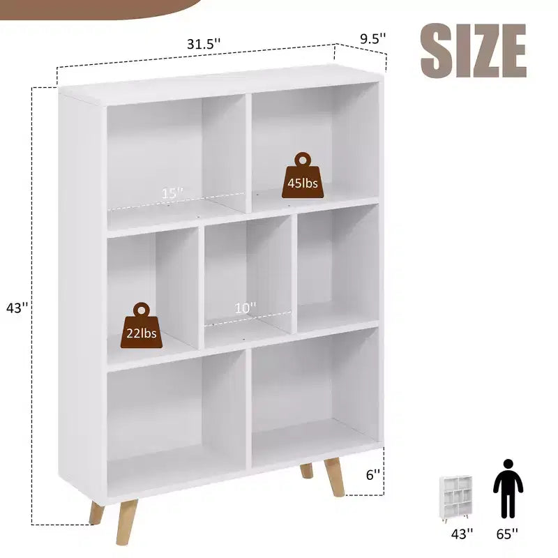 Libreria retrò aperta a 3 ripiani con gambe, 8 scomparti, autoportante per camera da letto o soggiorno