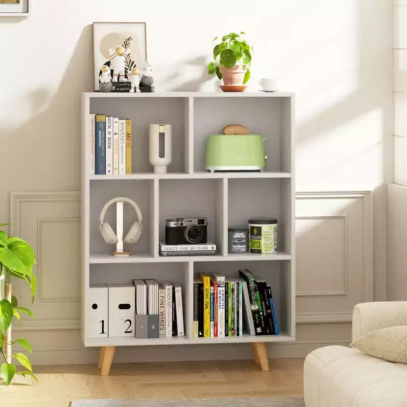 Libreria retrò aperta a 3 ripiani con gambe, 8 scomparti, autoportante per camera da letto o soggiorno
