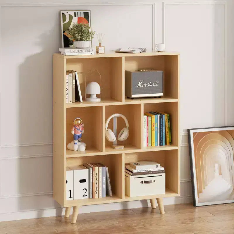 Libreria retrò aperta a 3 ripiani con gambe, 8 scomparti, autoportante per camera da letto o soggiorno