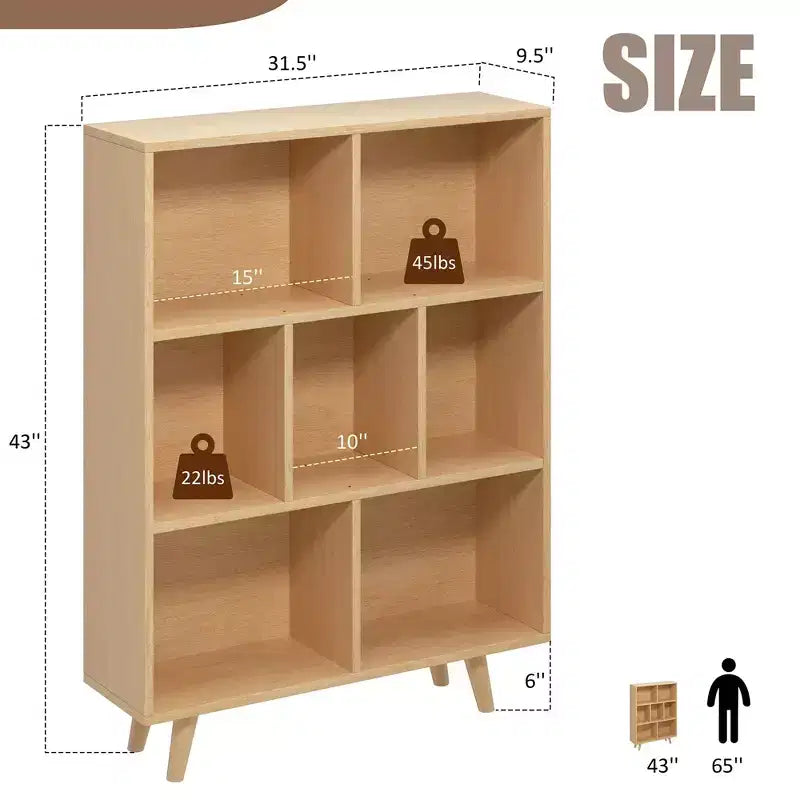 Libreria retrò aperta a 3 ripiani con gambe, 8 scomparti, autoportante per camera da letto o soggiorno