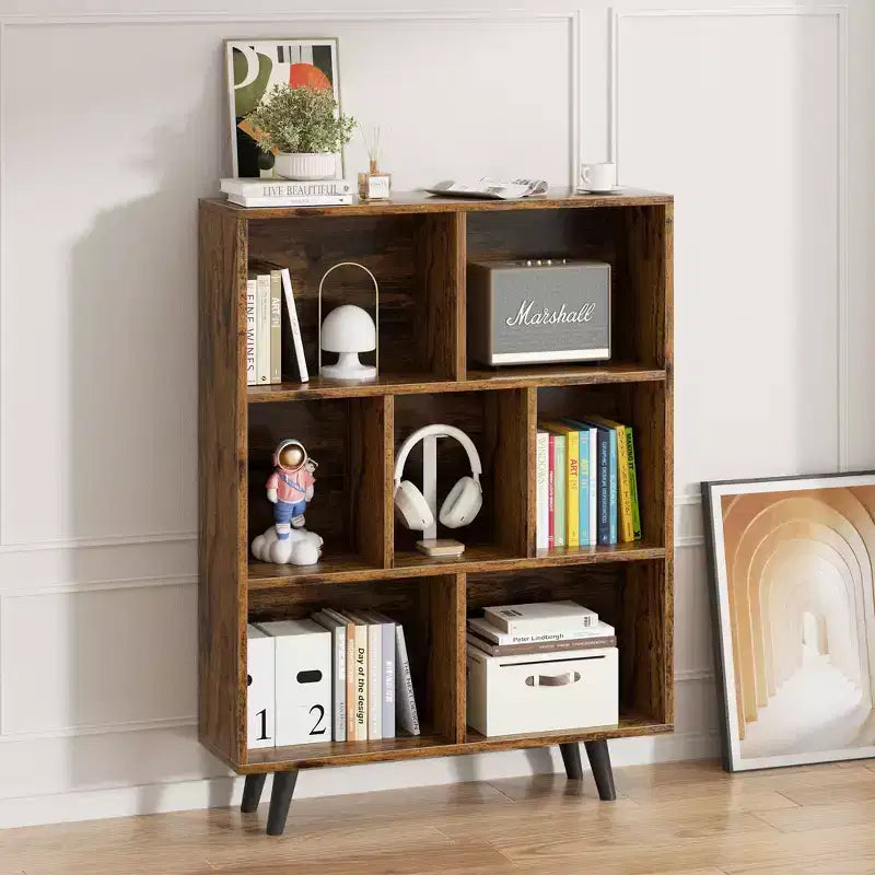 Libreria retrò aperta a 3 ripiani con gambe, 8 scomparti, autoportante per camera da letto o soggiorno