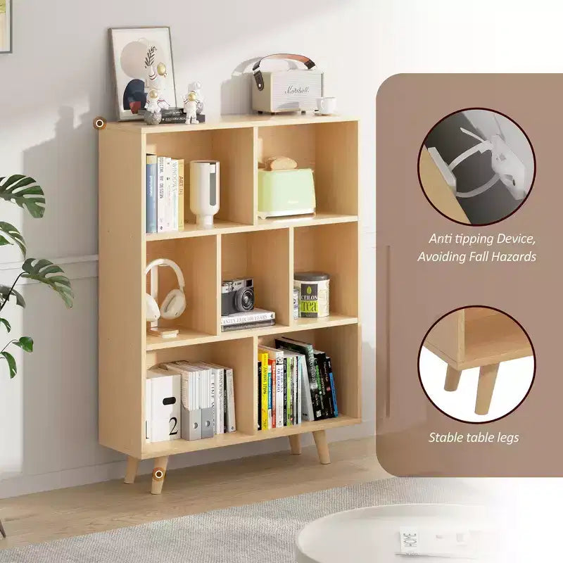 Libreria retrò aperta a 3 ripiani con gambe, 8 scomparti, autoportante per camera da letto o soggiorno