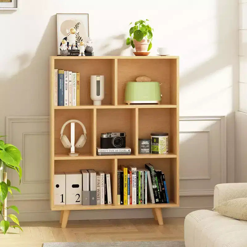 Libreria retrò aperta a 3 ripiani con gambe, 8 scomparti, autoportante per camera da letto o soggiorno