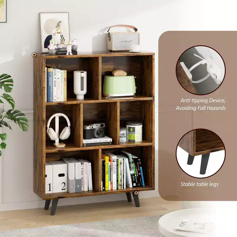 Libreria retrò aperta a 3 ripiani con gambe, 8 scomparti, autoportante per camera da letto o soggiorno