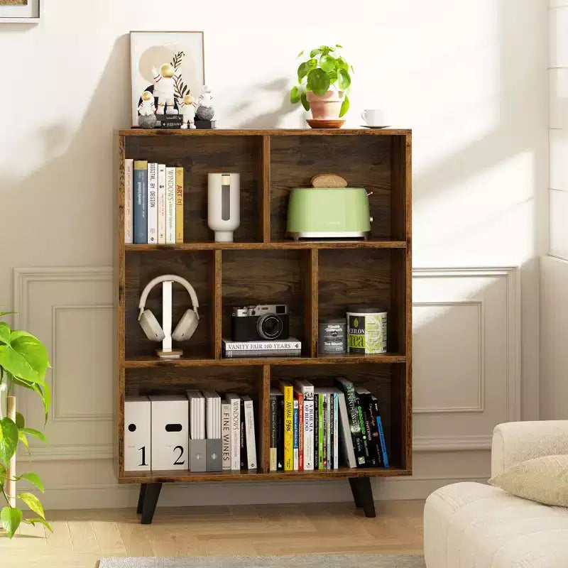 Libreria retrò aperta a 3 ripiani con gambe, 8 scomparti, autoportante per camera da letto o soggiorno