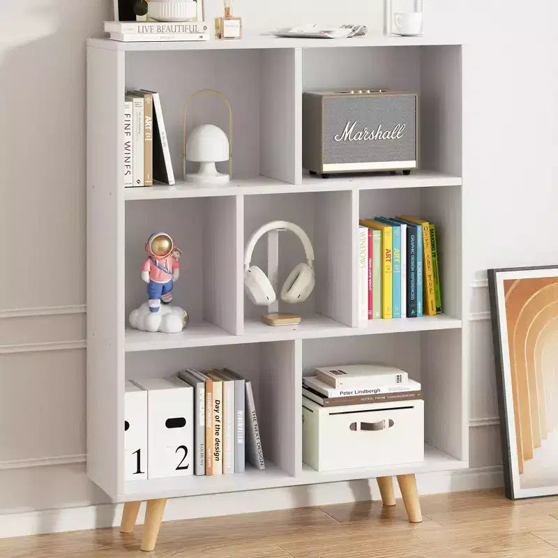 Libreria retrò aperta a 3 ripiani con gambe, 8 scomparti, autoportante per camera da letto o soggiorno