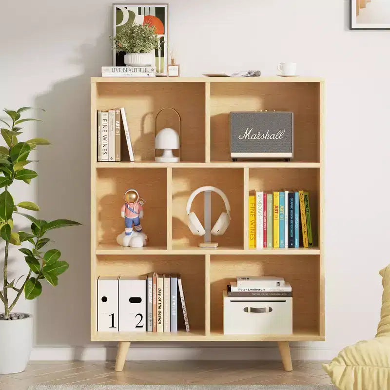 Libreria retrò aperta a 3 ripiani con gambe, 8 scomparti, autoportante per camera da letto o soggiorno