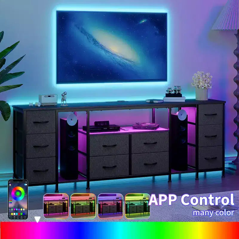 Mobile TV a 10 cassetti con cassetti in tessuto e prese di corrente integrate, adatto per TV fino a 75"