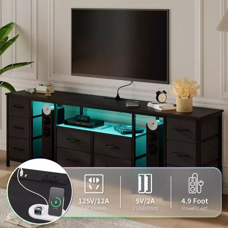 Mobile TV a 10 cassetti con cassetti in tessuto e prese di corrente integrate, adatto per TV fino a 75"