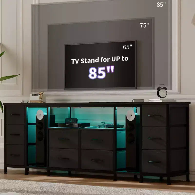 Mobile TV a 10 cassetti con cassetti in tessuto e prese di corrente integrate, adatto per TV fino a 75"