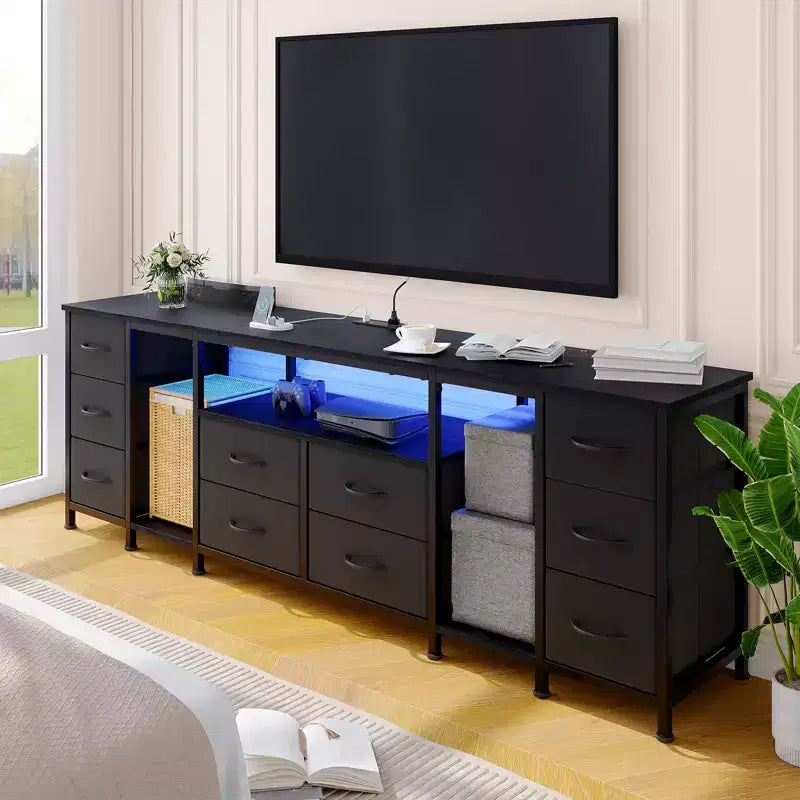 Mobile TV a 10 cassetti con cassetti in tessuto e prese di corrente integrate, adatto per TV fino a 75"