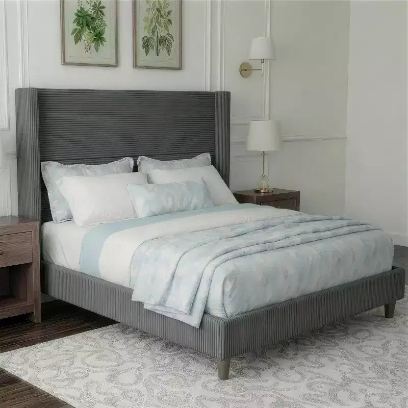 Telaio Letto da 142 cm in Velluto a Coste con Imbottitura Morbida, Doghe e Gambe in Legno Massello, Nessuna Rete a Molle Necessaria