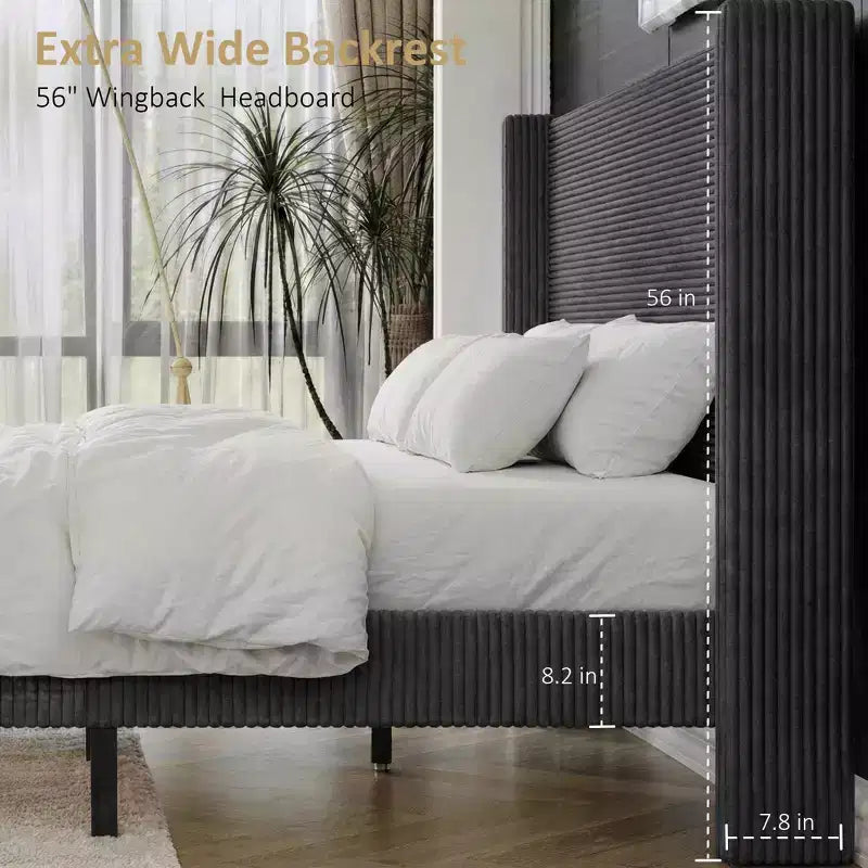 Telaio Letto da 142 cm in Velluto a Coste con Imbottitura Morbida, Doghe e Gambe in Legno Massello, Nessuna Rete a Molle Necessaria