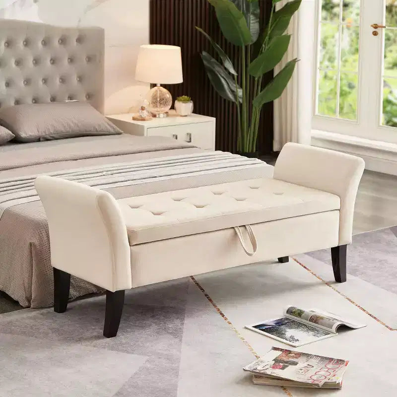 TUYOHW 51.5 Velvet Storage Bench with Curved Arms,Tufted End of Bed Ottoman with Solid Wood Legs for Bedroom,Living Room,Entryway