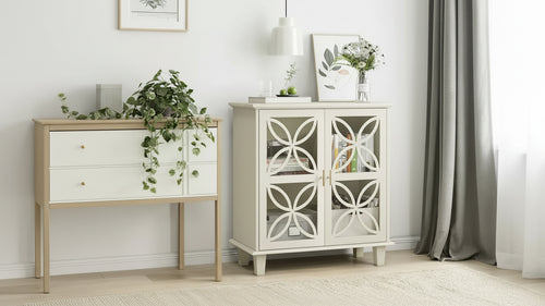 32 Cream Accent Cabinet with Glass Doors, Modern Retro Sideboard Buffet with Geometric Petal Design & Solid Wood Legs - Panipeachy