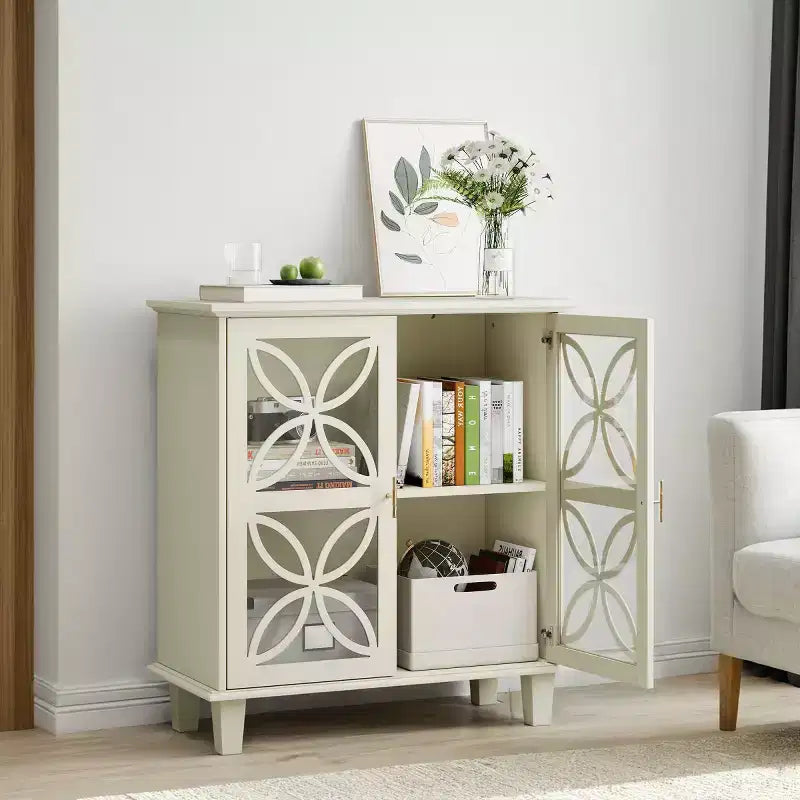 Mobile credenza accentato crema da 32" con ante in vetro, credenza retrò con design a petali geometrici e gambe in legno massello